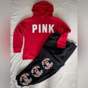 PINK Victoria's Secret Red Hoodie and Black Joggers Set